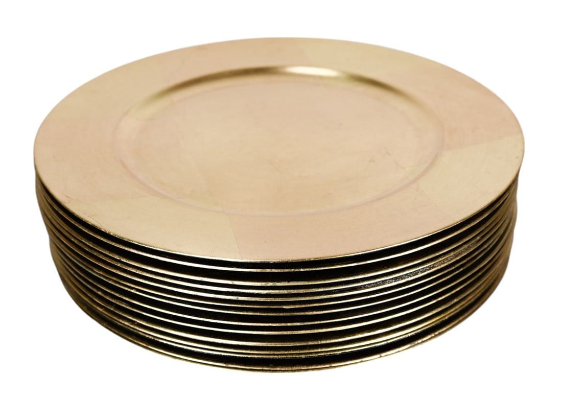 14 Gold Tone Composite Dinner Plate Chargers: 14 Gold Tone Composite Dinner Plate Chargers. Each measures 14 inches in diameter.