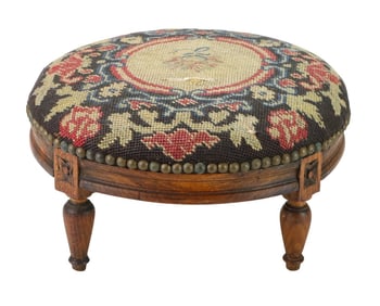 Antique French Carved Stool w Needlepoint Cover