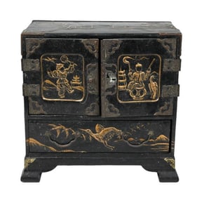 Antique Chinese Black Lacquer Jewelry Cabinet