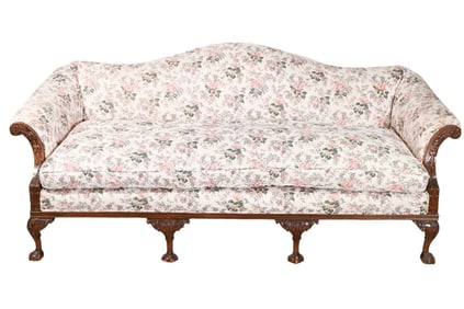 Antique Carved Upholstered Camel Back Sofa