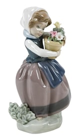 Lladro Hand Painted Porcelain Girl w Flower Pot