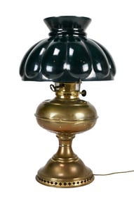 Converted Student Oil Lamp w Green Glass Shade