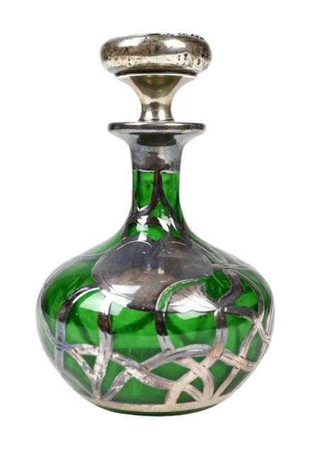 Antique Green Bottle w Sterling Overlay, Stopper (1 of 8)