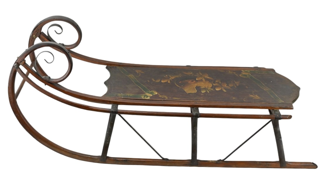 19th C Hand Painted Folk Art Carved Wood Iron Sled (1 of 10)