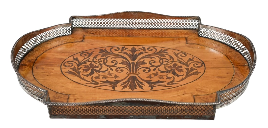 Antique Satinwood Marquetry Serving Tray w Brass (1 of 6)