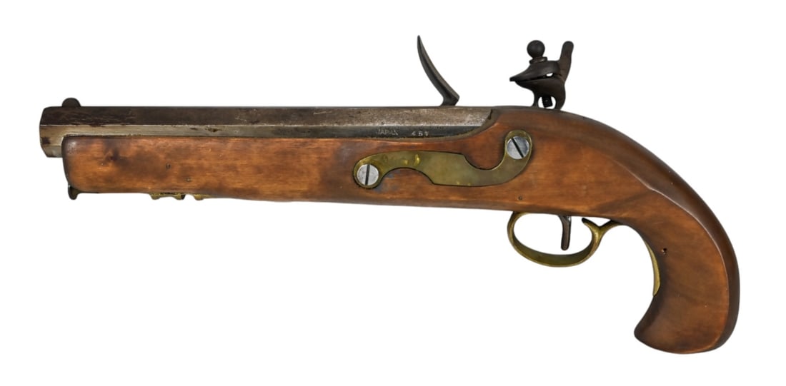 Reproduction Japan Tower Flintlock Pistol: Reproduction Japan Tower Flintlock Pistol. Measures 14 inches x 6 inches.