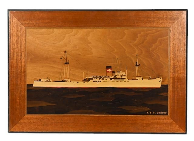 Hand Made Marqueterie Picture Ship TSS Junior: Vintage Hand Made Marqueterie Picture of the Ship TSS Junior. Measures 17 inches x 25 inches.