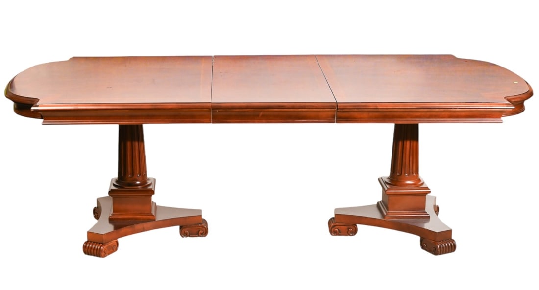 Regency Style Stanley Extendable Dining Room Table: Regency Style Stanley Hand Carved Extendable Dining Table with Two LeavesMeasures 30 inches x 72 inches x 46 inches.20 inches width each leaves