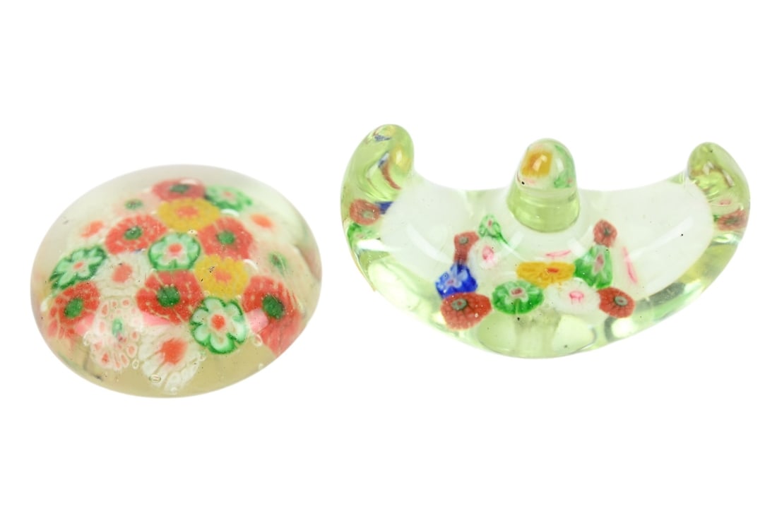 2 Antique Chinese Glass Millefiori Paperweights: 2 Antique Chinese Art Glass Millefiori Paperweights of Red, Green, Yellow, White. Some surface ware. Measure 2 inches. (130,89)