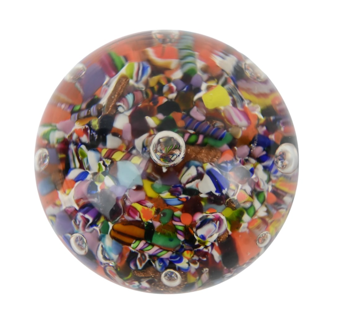 Vintage Scramble Glass Paperweight Latticino: Vintage Scramble Glass Paperweight Latticino Millefiori Cut Cables. Larger measures 3.5 inches in diameter. (96)