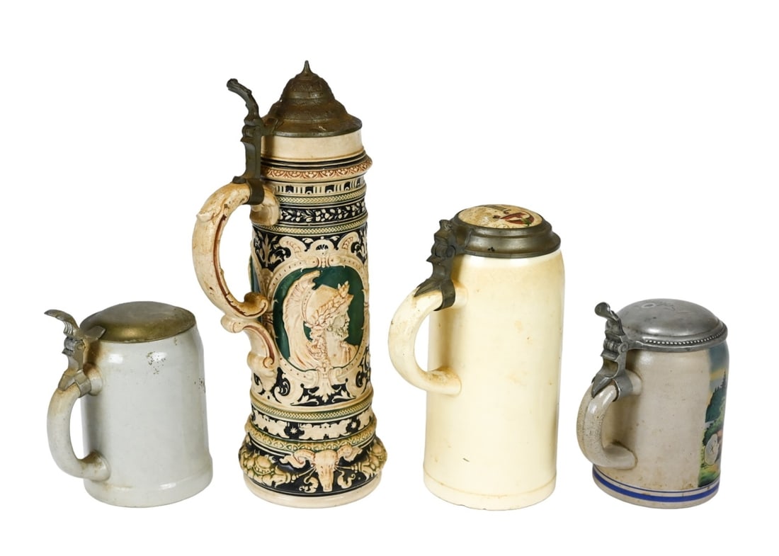 4 Antique German Pottery & Pewter Beer Steins (1 of 7)