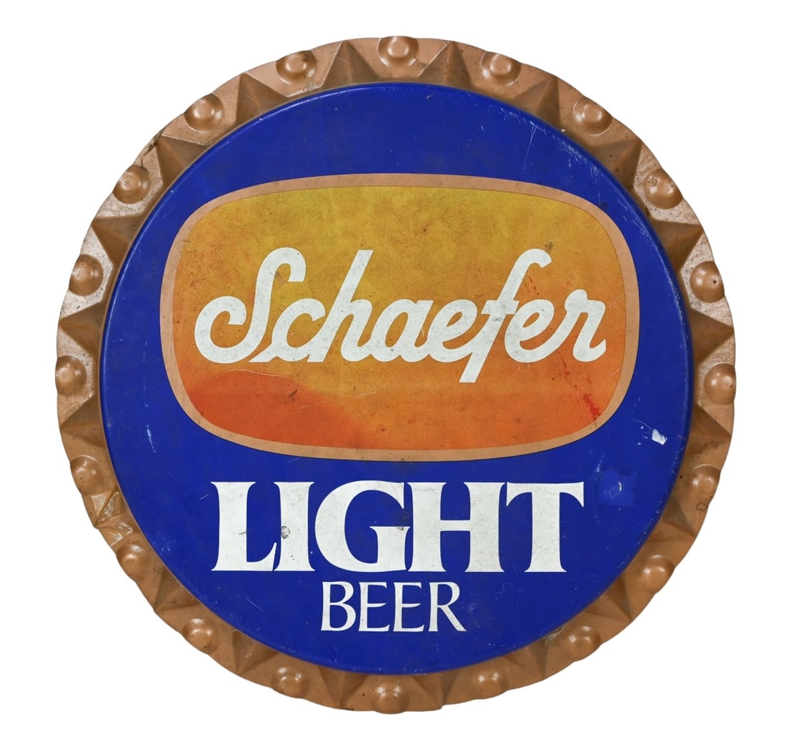 Vintage Schaefer Light Beer Advertising Sign: Vintage Schaefer Light Beer Advertising Sign Shaped Like Bottle Cap. Measures 2 inches x 19 inches.