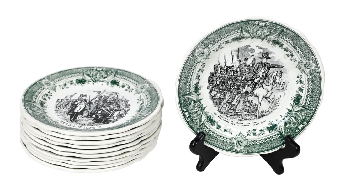 11 Antique French Sarregvemine Story Plates: 11 Antique French Sarregvemine Iron Stone Story Dessert Plates. Measures 7.5 inches in diameter each.