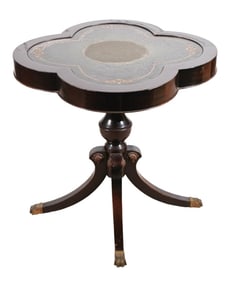 Antique Carved Leather Top Clover Pedestal Table