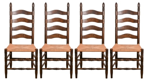 4 Vintage Carved Rush Seat Ladder Back Side Chairs