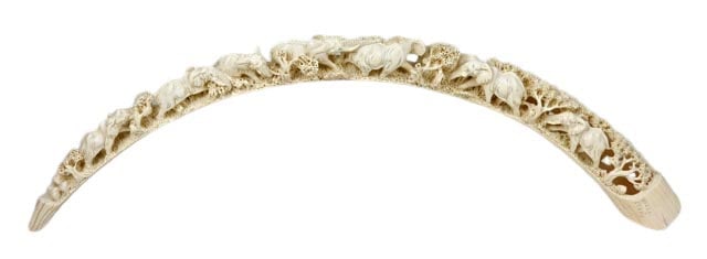 Frans Carved Tusk Form Sculpture w Elephant Motif