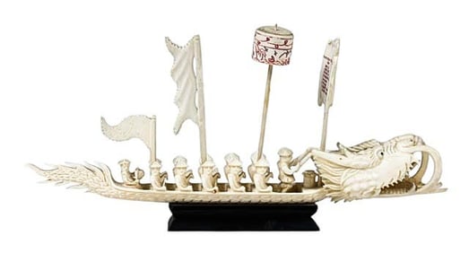 Chinese Hand Carved Bone Dragon Boat Sculpture