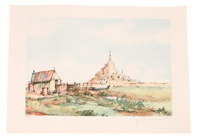 Laurent Signed Engraving of Mont. Saint Michel