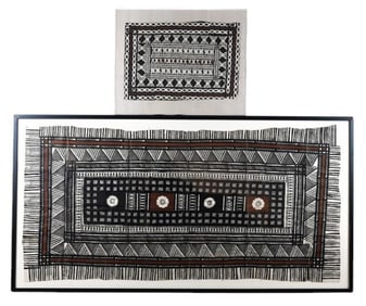 2 Fiji Hand Painted Tapa Bark Saipo Cloth Folk Art