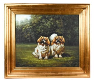 Signed Oil Painting on Canvas 2 Pekingese Dogs