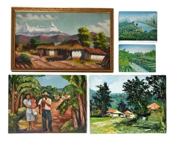 5 Peruvian Signed Genre Oil Paintings