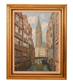 Oil Painting Canal in Hamburg Framed