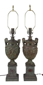 Pair Cast Cement Roman Greco Urn Form Lamps