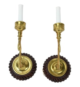 Pair Brass & Carved Wood Single Light Sconces