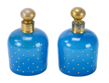 Antique French Blue Opaline Glass Jars w Stoppers