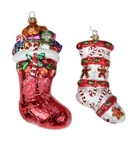 2 Stocking Themed Lacquered Glass Ornaments
