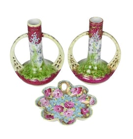 Pair Vintage Nippon Porcelain Amphora Vases & Dish