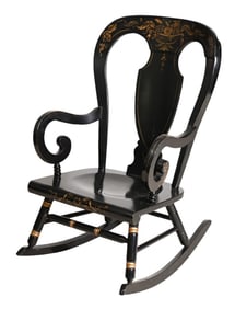 Vintage Carved Black Lacquer & Gilt  Rocking Chair