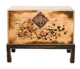 Oriental Style Painted Gold Floral Trunk on Stand