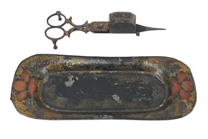 Antique Tole Decorated Tray & Metal Candle Snuffer