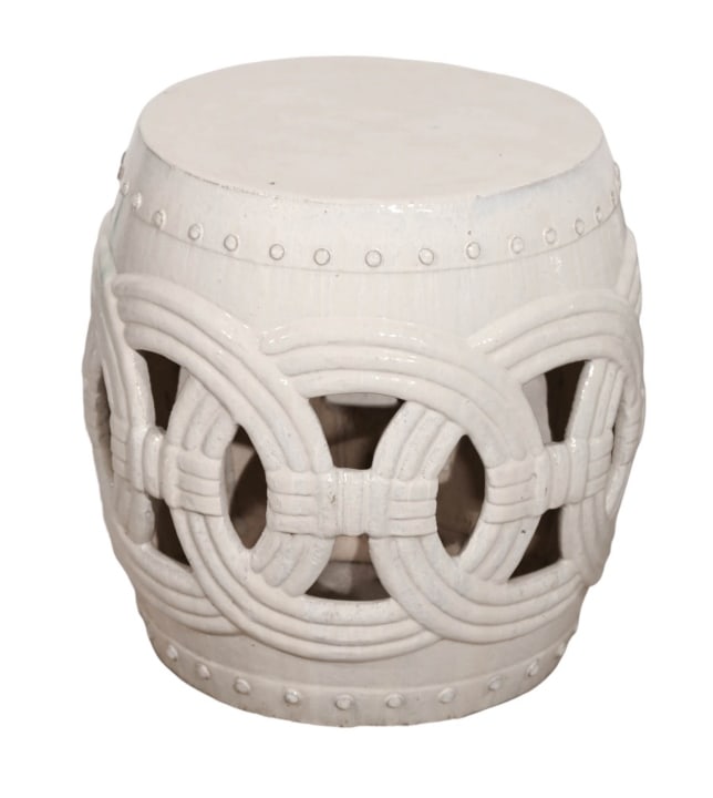 Ceramic Off White Circle of Life Garden Stool: Ceramic 20 Inch Off White Circle of Life Pierced Garden Stool with Custom Outdoor Cover. Measures 20 inches x 20 inches x 20 inches.