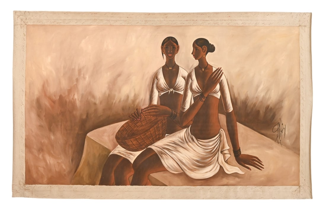 B. Prabha Signed Oil Painting on Canvas of a Women: B. Prabha Signed Oil Painting on Canvas of a Women1989.Measures 35 inches x 56 inches.Any condition statement is given as a courtesy to a client, is only an opinion and should not be treated as a stat