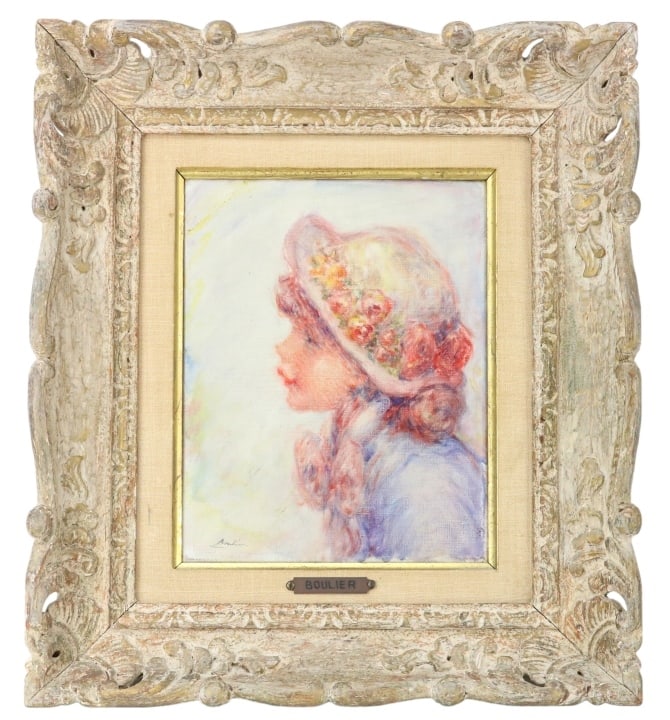 Lucien Boulier Signed Oil Painting Portrait Girl: Lucien Boulier, French 1882-1963, Signed Oil Painting on Canvas Portrait of Young Girl, Framed. Framed measures 17 inches x 15 inches, art measures10 inches x 8 inches.