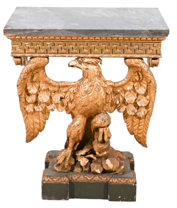 18th C William Kent Style Gilt Eagle Console Table: Antique 18th Century William Kent Style Hand Carved Gilt Eagle Marble Top Console Table Held on Greek Gilt Wood Frieze. Gilt loss and cracks. Needs restoration, consistent to age and use.Measures 35 i