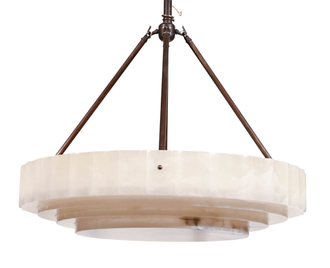French Art Deco Alabaster Hanging Pendant Light: Large French Art Deco Alabaster Hanging Pendant Light.Measures 16 inches x 24 inches diameter.