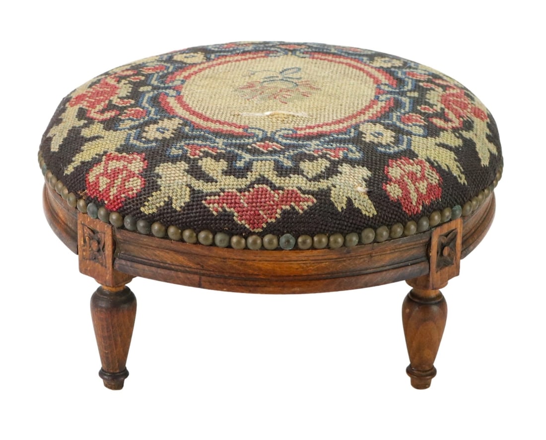 Antique French Carved Stool w Needlepoint Cover (1 of 9)
