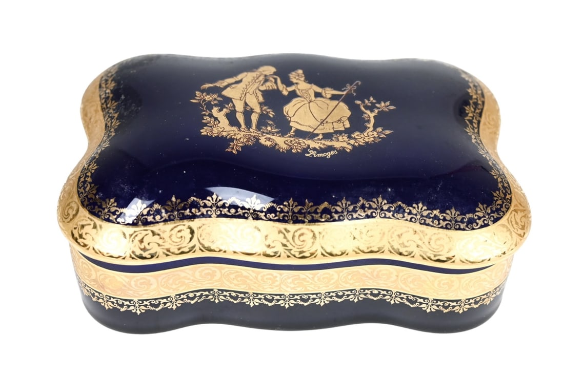 Limoges France Cobalt Blue and Gold Trinket Box: Limoges France Cobalt Blue and Gold Trinket Box.Measures 2.5 inches x 8 inches x 6 inches.