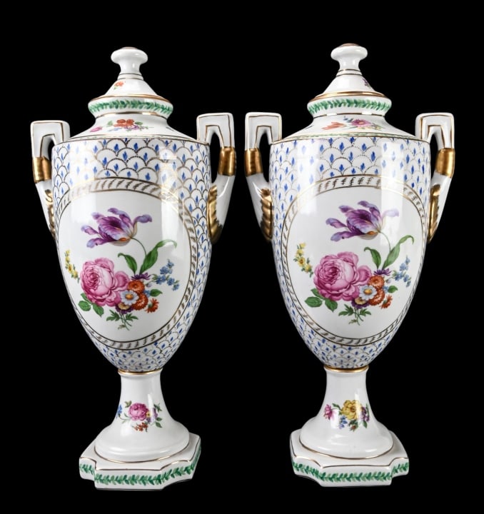 Pair Chelsea House Porcelain Painted Urns: Pair Chelsea House Porcelain Hand Painted Amphora Urns. Each measures 16 inches x 9 inches.