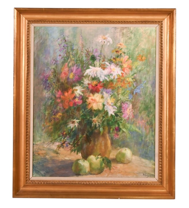 Stefan Nargiello Signed Still Life Oil Painting: Stefan Nargiello, Polish Born 1930, Signed Still Life Oil Painting Flowers in Vase. Framed measures 30 inches x 25 inches.