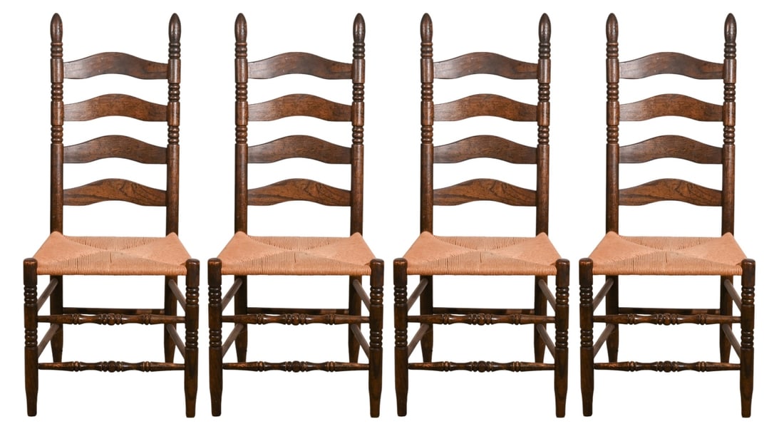 4 Vintage Carved Rush Seat Ladder Back Side Chairs (1 of 11)