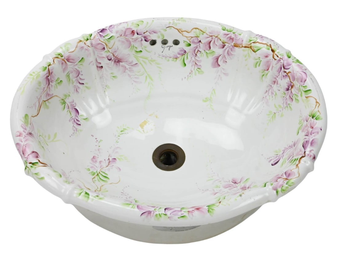 Giorgio Designer Painted Porcelain Floral Sink: Giorgio Designer Hand Painted Porcelain Floral Motif Sink.Measures 12 inches x 19 inches x 16 inches.