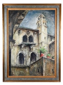 Mid C Signed Oil Painting Arched Window Building
