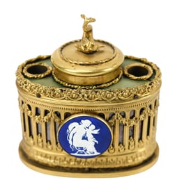 Antique Ormolu Inkwell w Dolphin Finial & Intaglio