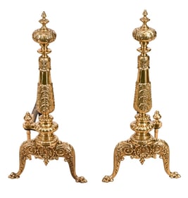 Pair French Regency Gilt Brass Ornate Andirons