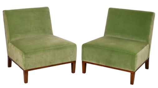 Pair Pine Wood Frame Velvet Upholstered Chairs
