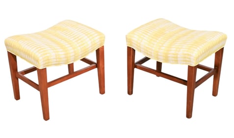 Pair Custom Linen Upholstered Saddle Back Stools